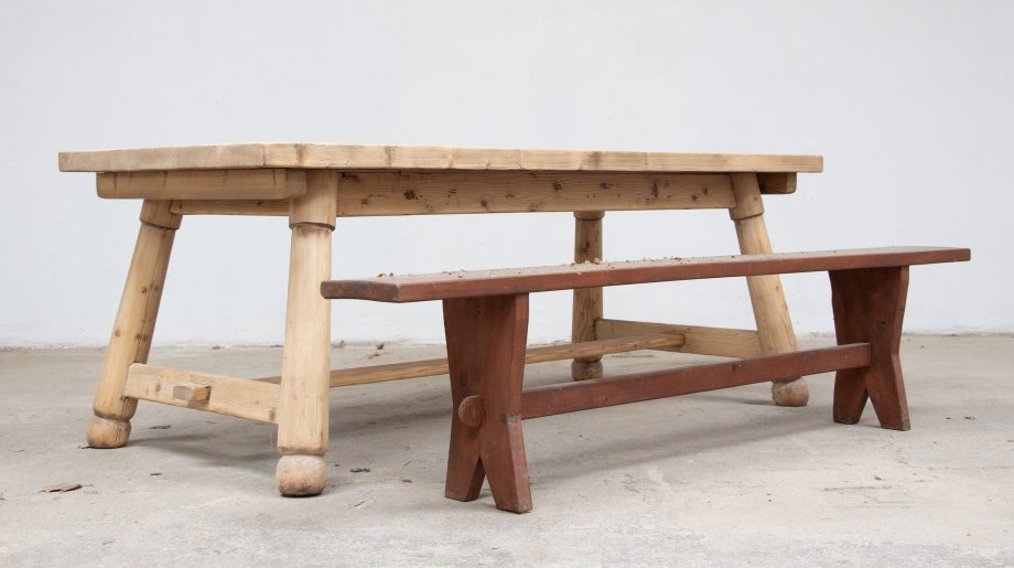 table-vintage-brutalisme-brutaliste-georges-robert-dining-pine-pin-banc-bench-midentury-french-antic-old-design-ferme-farmer