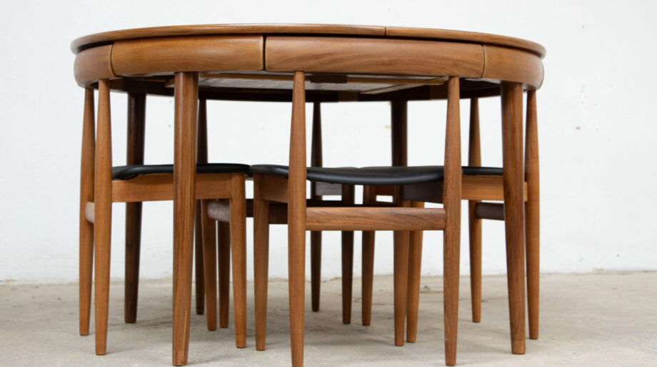 table-scandinave-chaises-vintage-lyon-hans-olsen-roundette-danoise-frem-rojle-teck-danish-modern-scanidnavian-teak-midcentury-dining-olddesign-XX-mobilier-