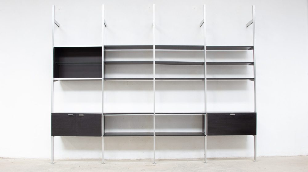 bibliothèque-george-nelson-herman-miller-mobilier-international-eames-vintage-midcentury-wall-unit-suspendue-modulable-années-60-70-bookcase-shelving-ölddesign-noir-black-Comprehensive-storage-system-regal-modular