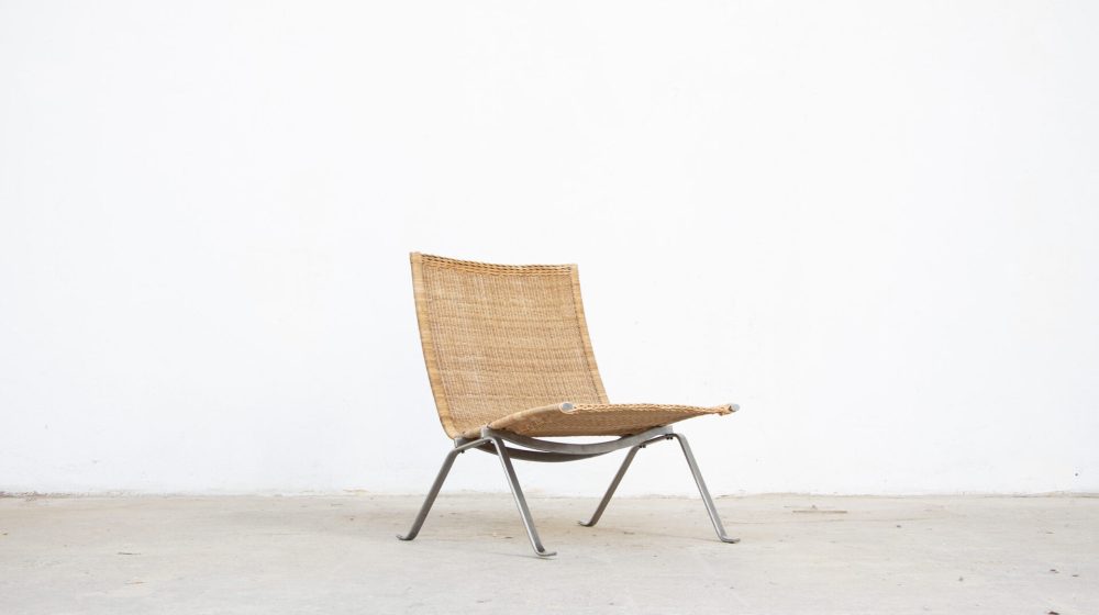 vintage-poul-Kjærholm-lounge-chair-kjaerholm-pk-22-chair-danish-easy-mid-century-steel-wicker-Ölddesign-rattan-wicker-Kold-Christensen-ekc