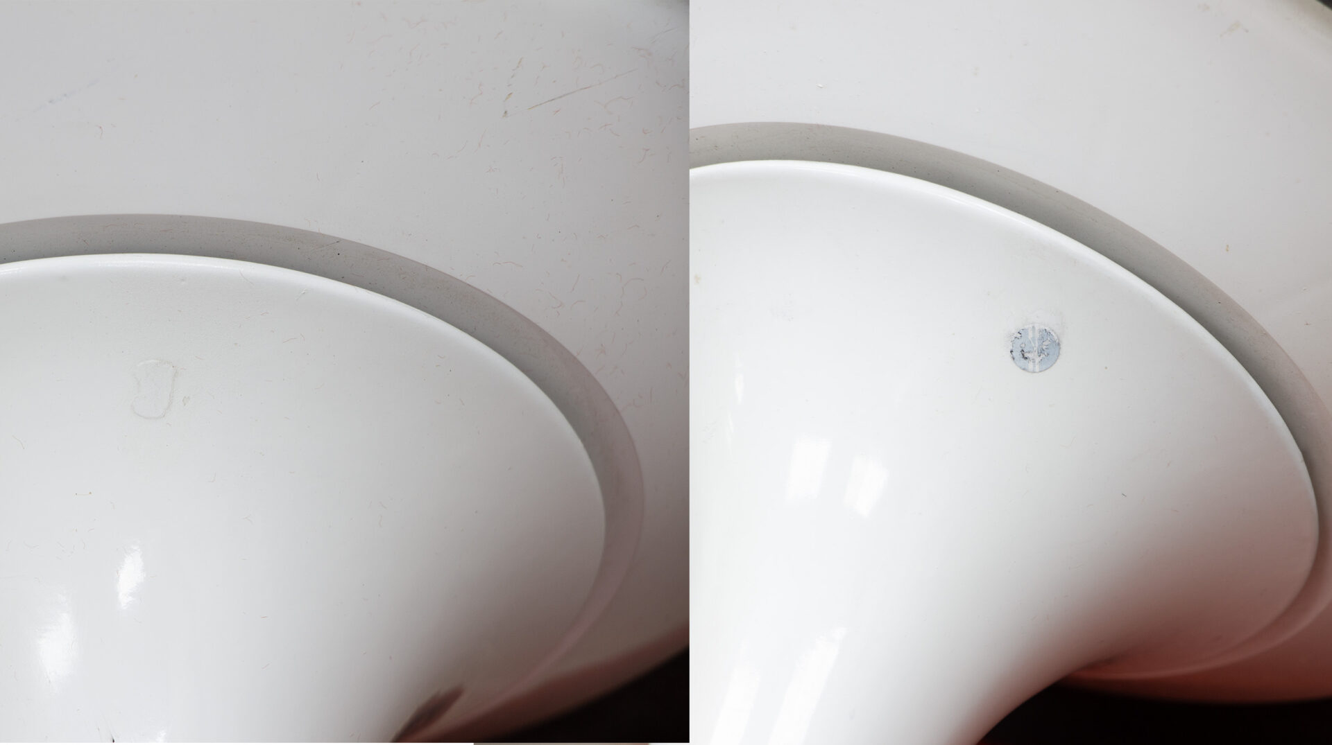 Paire de tabourets Tulipe d' Eero Saarinen pour l'éditeur Knoll. Gros plan sur les étiquettes Knoll