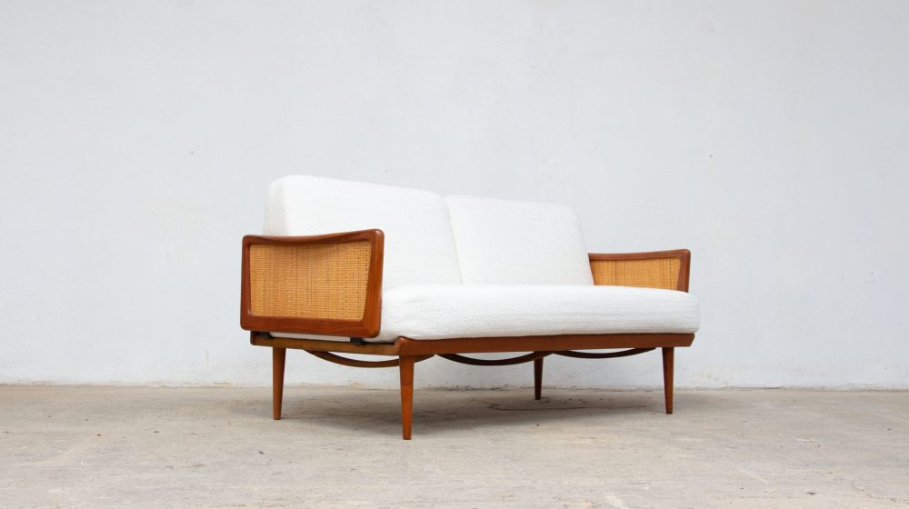Scandinavian sofa, model FD 451, in teak and cane by Peter Hvidt & Orla Mølgaard-Nielsen, produced by France & Søn, upholstered in ecru bouclé fabric by Casamance, side view