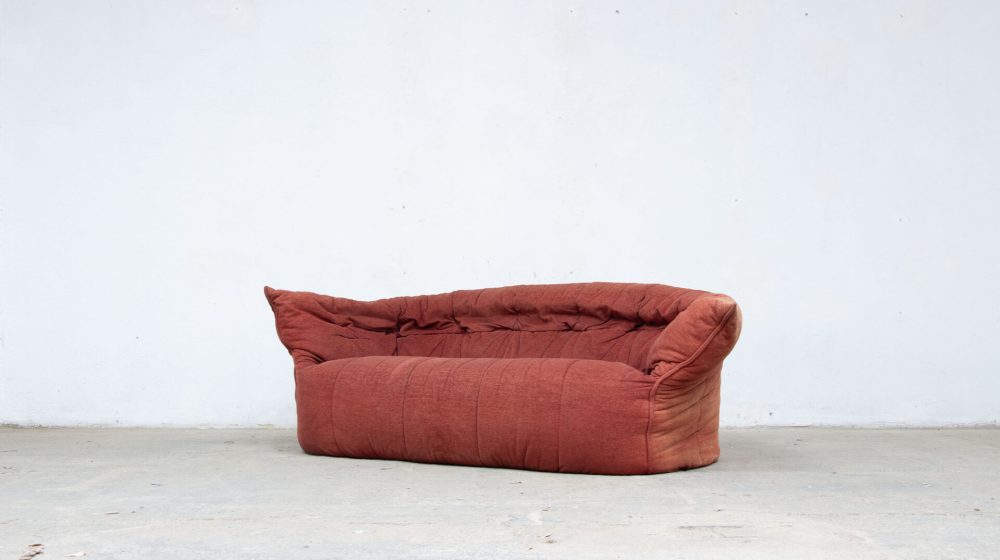 1980s vintage Ligne Roset sofa by Michel Ducaroy, Brigantin model, in terracotta orange velvet