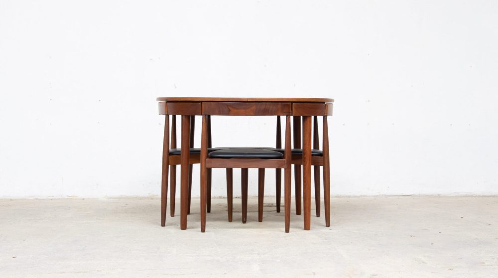 Ensemble vintage chaises tripodes et table en teck Hans Olsen, modèle Roundette, pour l'éditeur Danois Frem Rojle, 1960