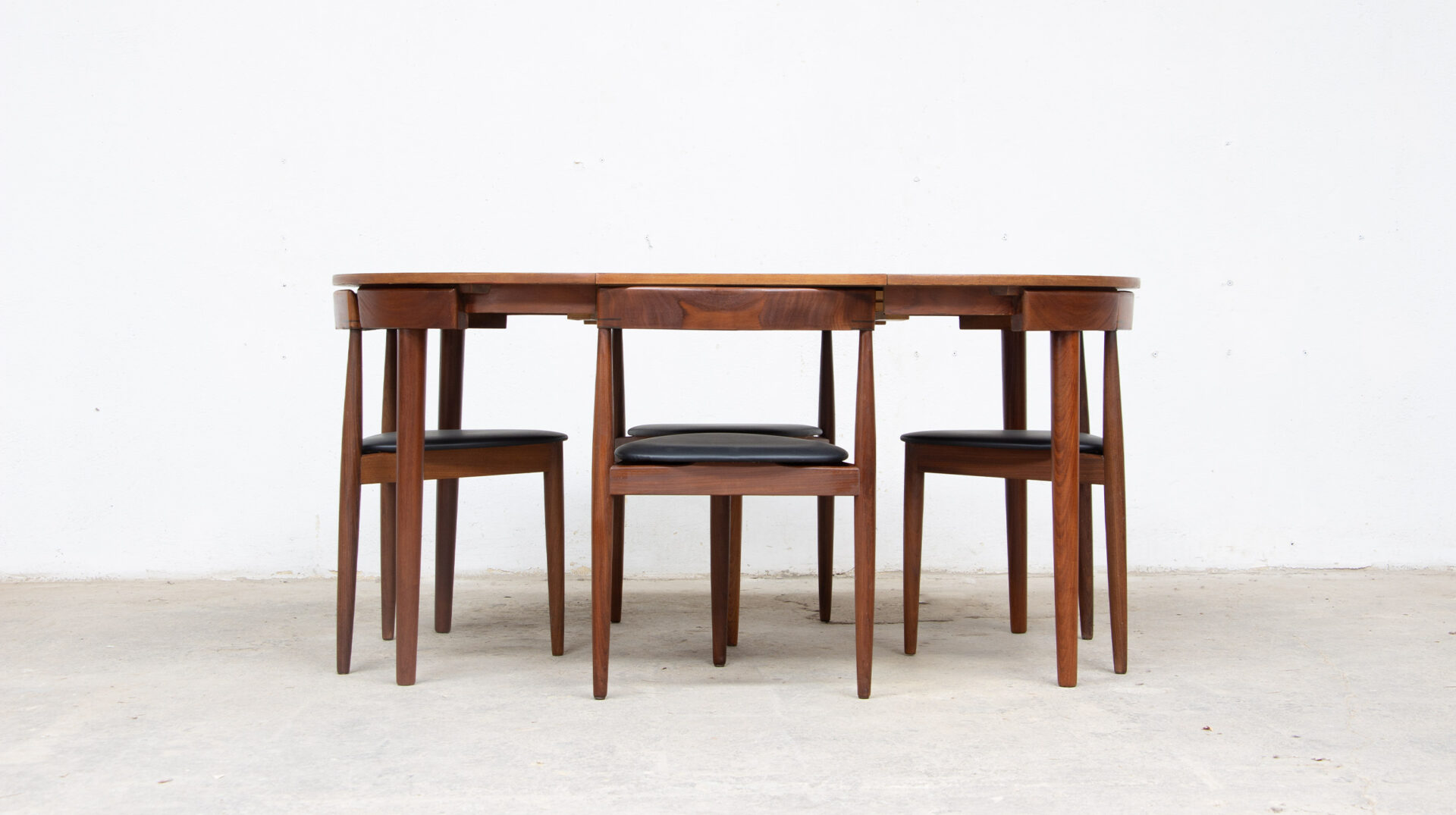 Dinning set vintage Hans Olsen, modèle Roundette, pour l'éditeur Danois Frem Rojle, 1960, vue ensemble